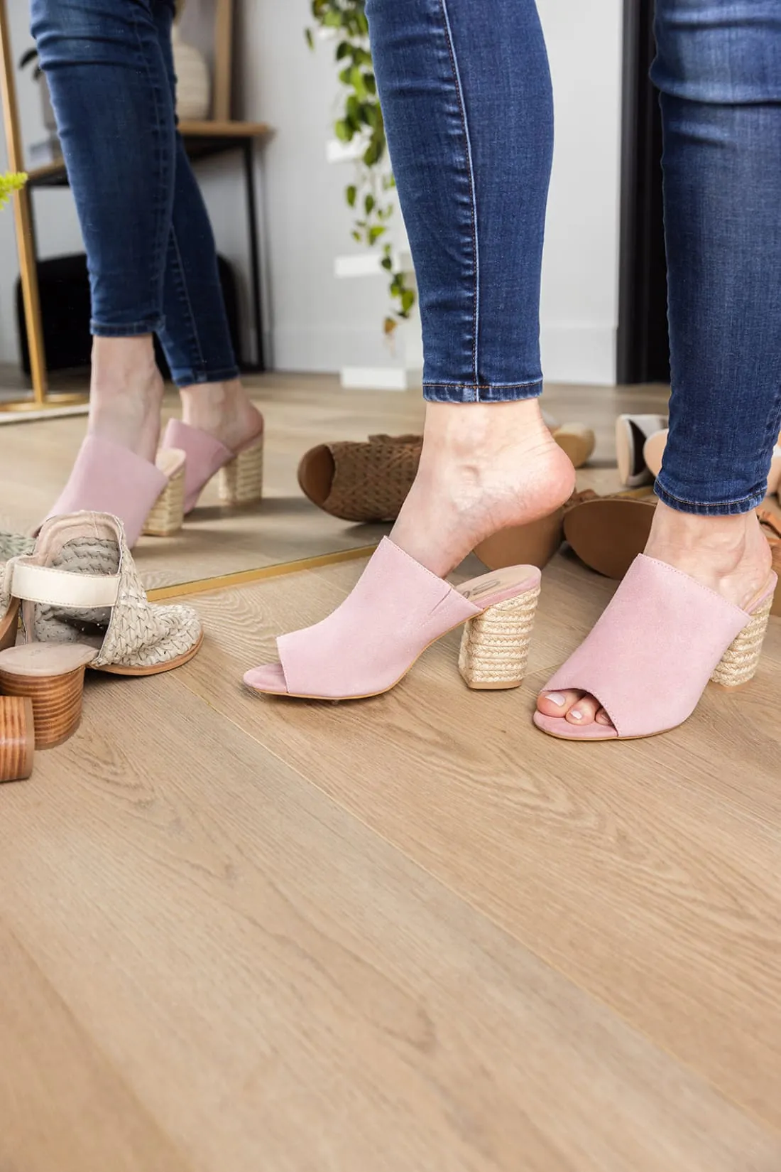 Suede Open Toe Mules in Blush