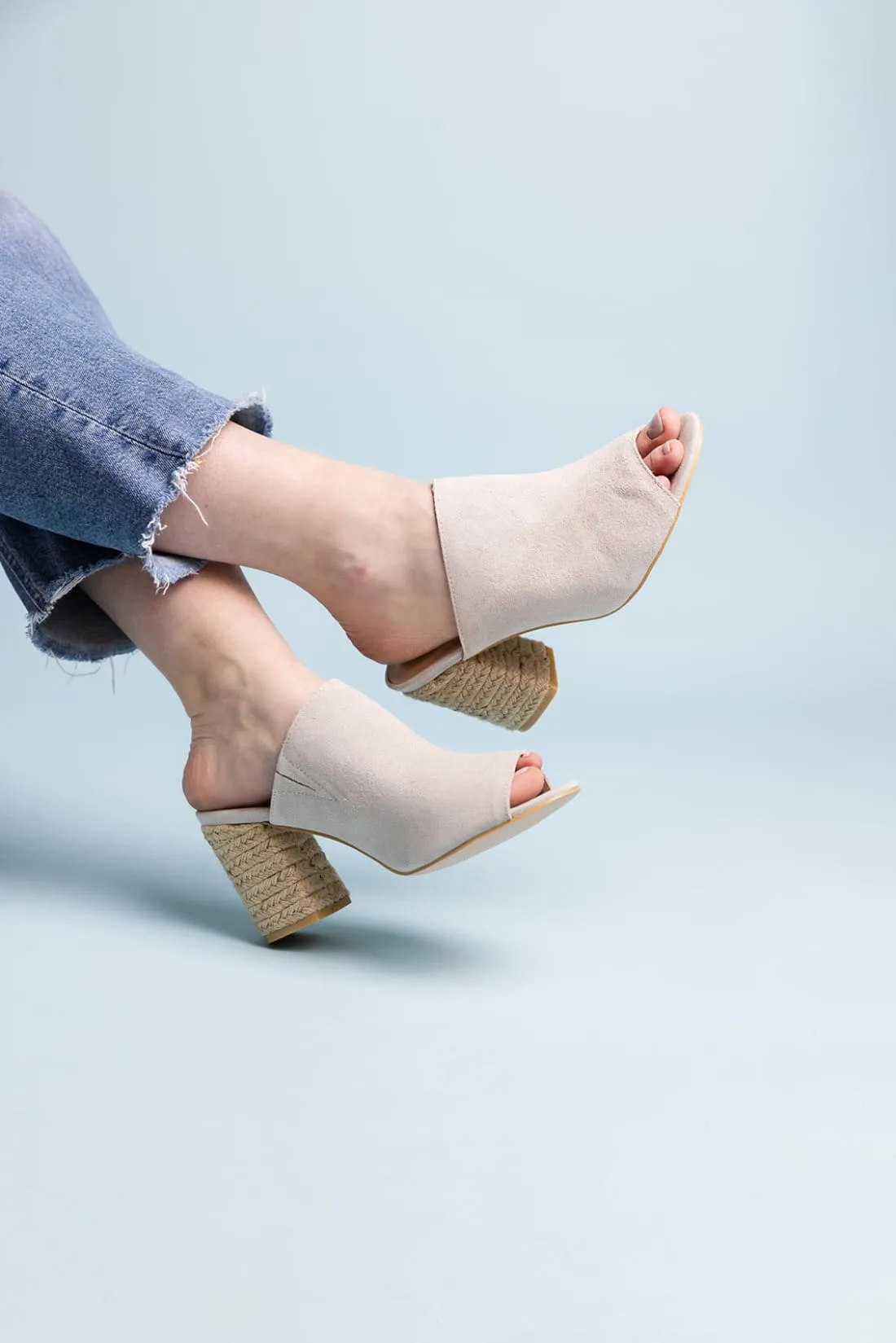 Suede Open Toe Mules in Blush
