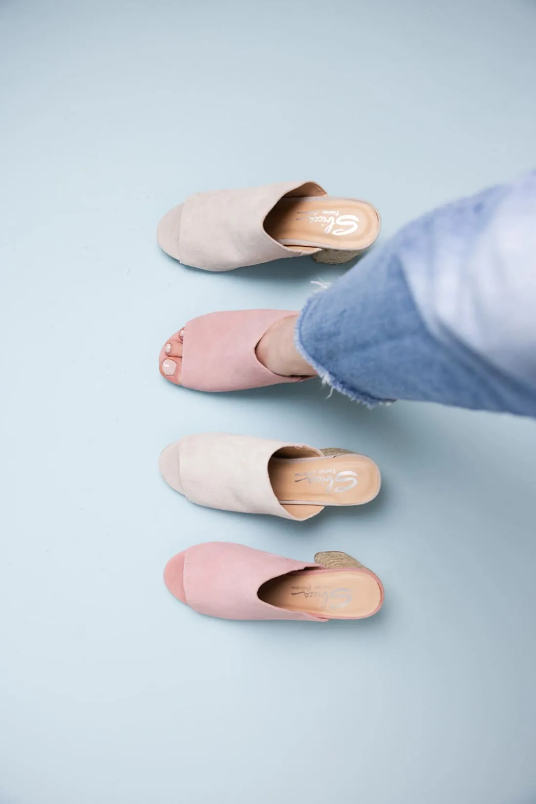 Suede Open Toe Mules in Blush