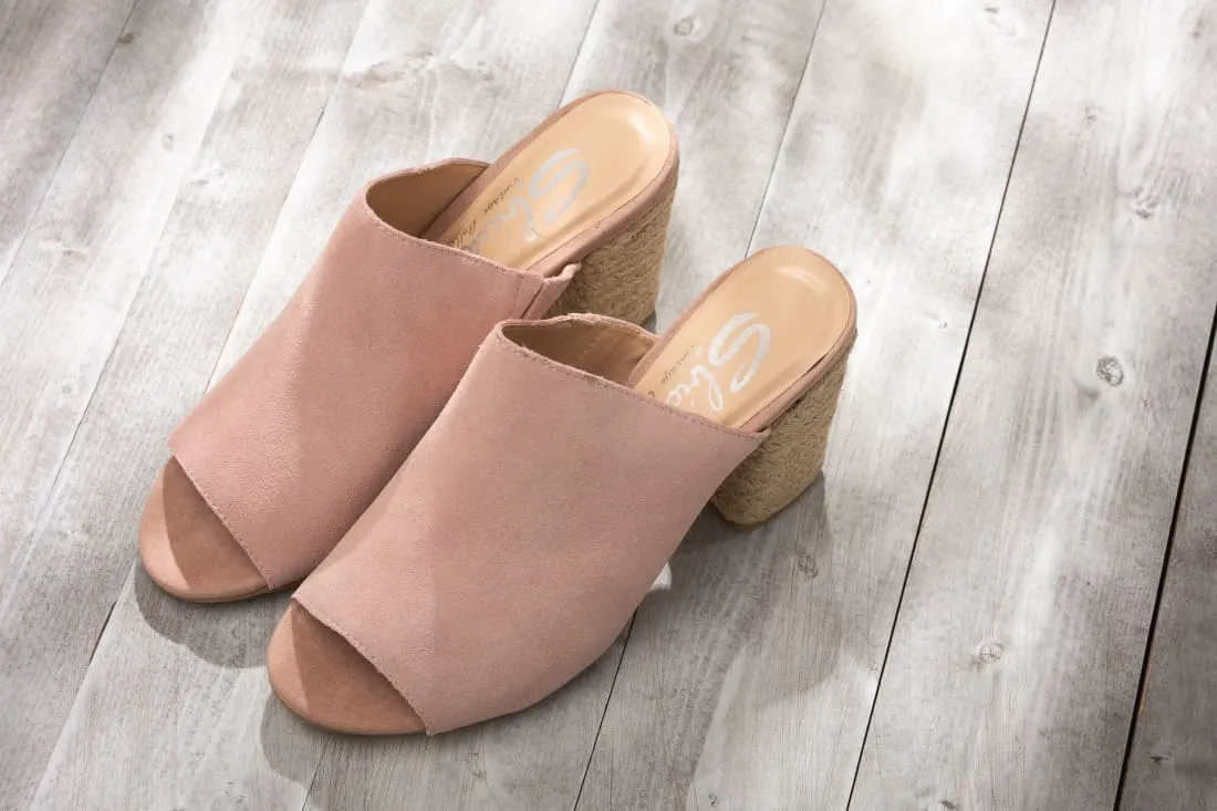 Suede Open Toe Mules in Blush
