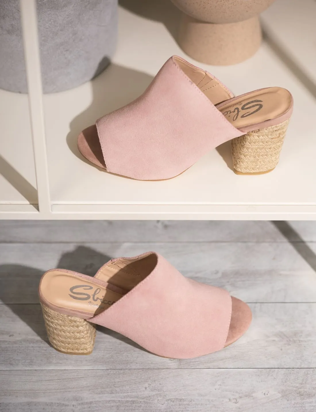 Suede Open Toe Mules in Blush