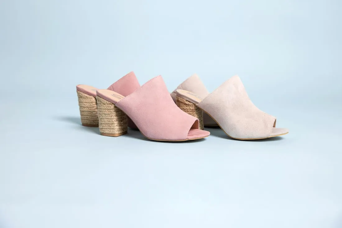Suede Open Toe Mules in Blush