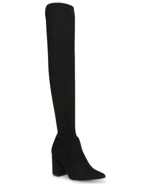 Suede Thigh High Stacked Heel Pointy Toe Boot
