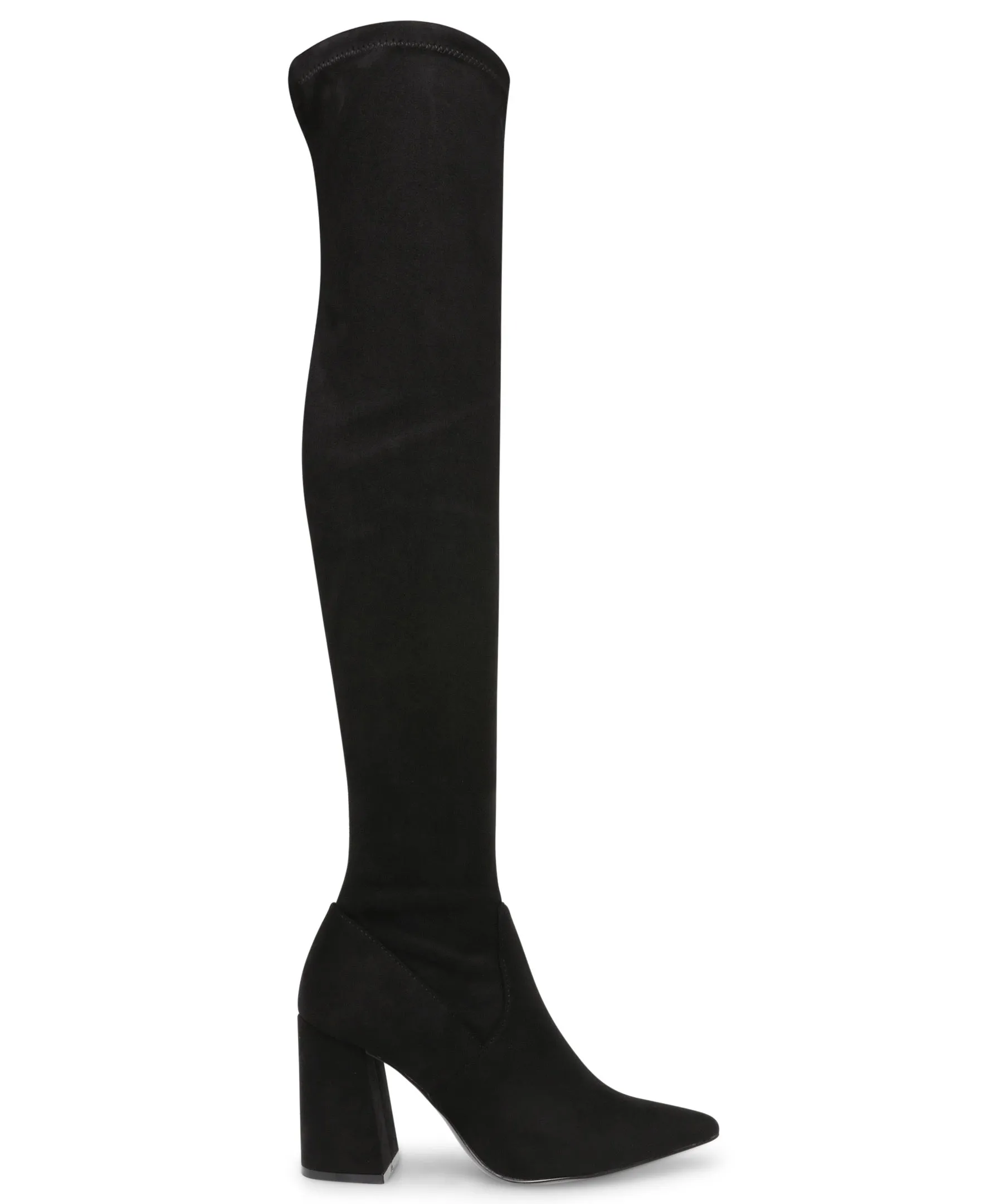 Suede Thigh High Stacked Heel Pointy Toe Boot
