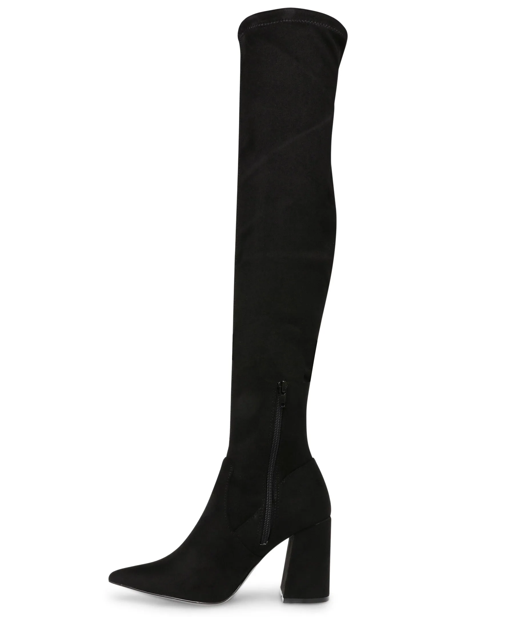Suede Thigh High Stacked Heel Pointy Toe Boot