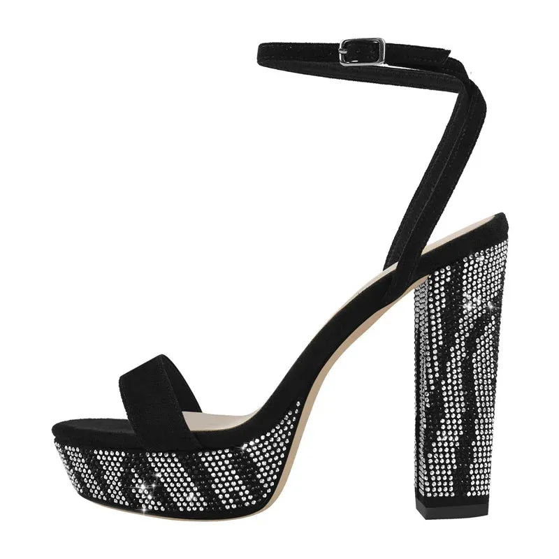 Summer Bling Sandals Black Flock Ankle Buckle Square Peep Toe High Heels