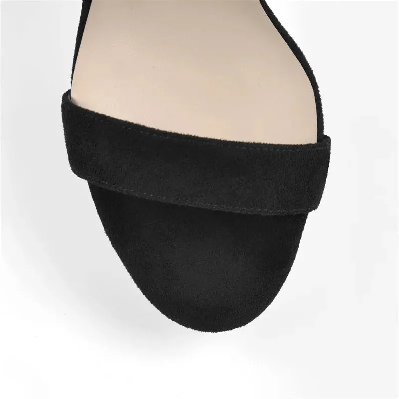 Summer Bling Sandals Black Flock Ankle Buckle Square Peep Toe High Heels