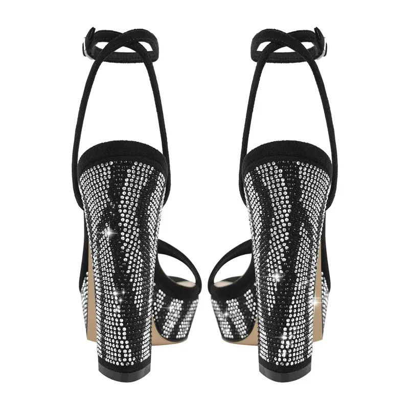 Summer Bling Sandals Black Flock Ankle Buckle Square Peep Toe High Heels