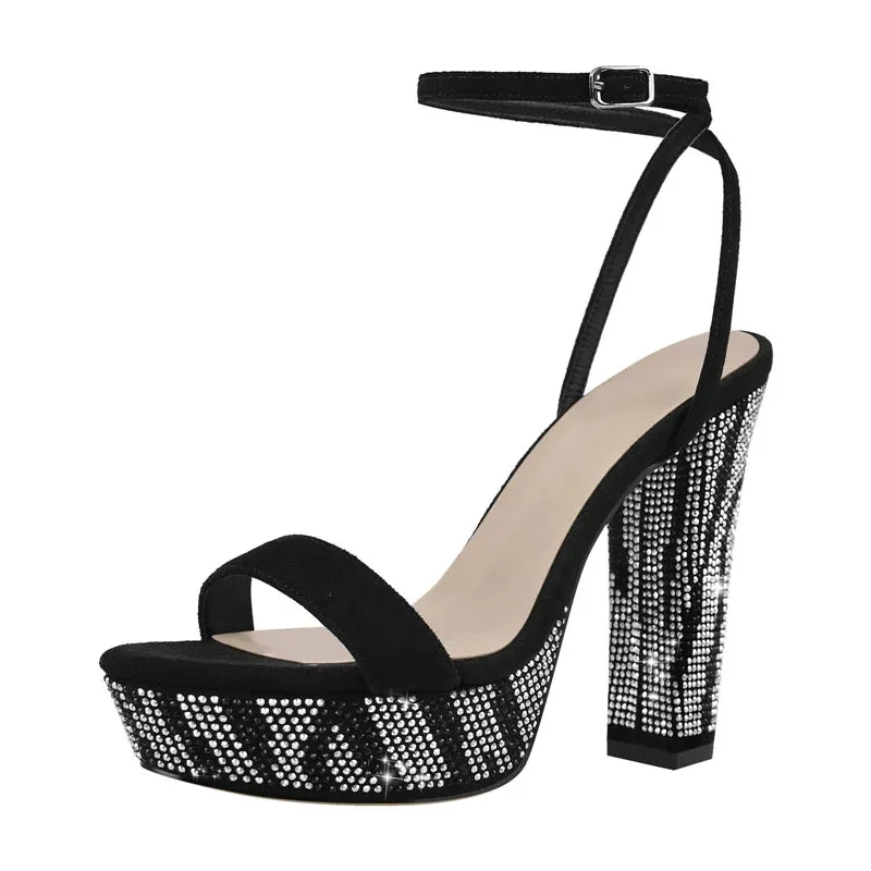 Summer Bling Sandals Black Flock Ankle Buckle Square Peep Toe High Heels