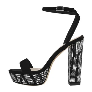 Summer Bling Sandals Black Flock Ankle Buckle Square Peep Toe High Heels