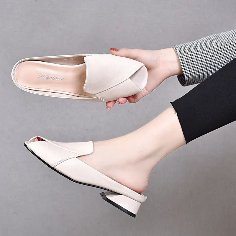 Summer Peep Toe Leather Mules for Women Closed Toe Flats