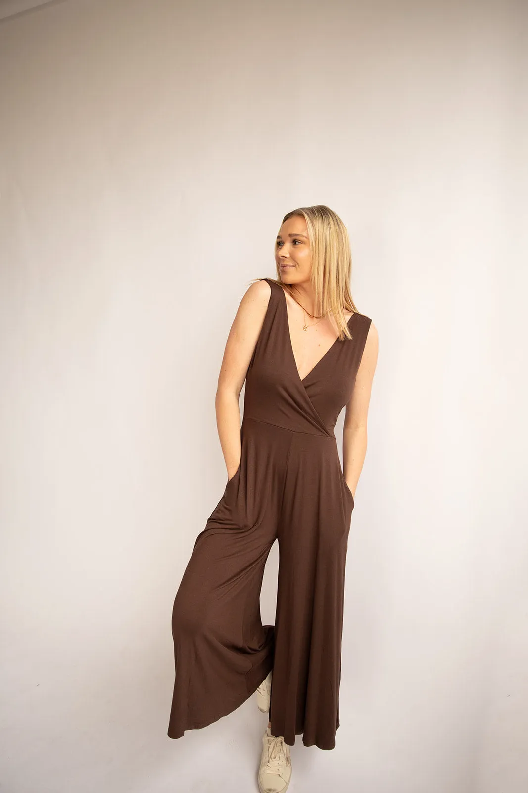 Surplice Sleeveless Jumpsuit-Brown