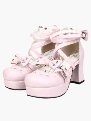 Sweet Chunky Heels Shoes Platform Ankle Straps Bows