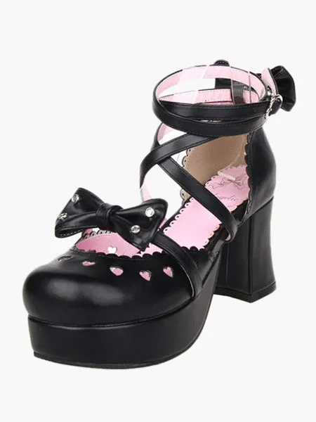 Sweet Chunky Heels Shoes Platform Ankle Straps Bows