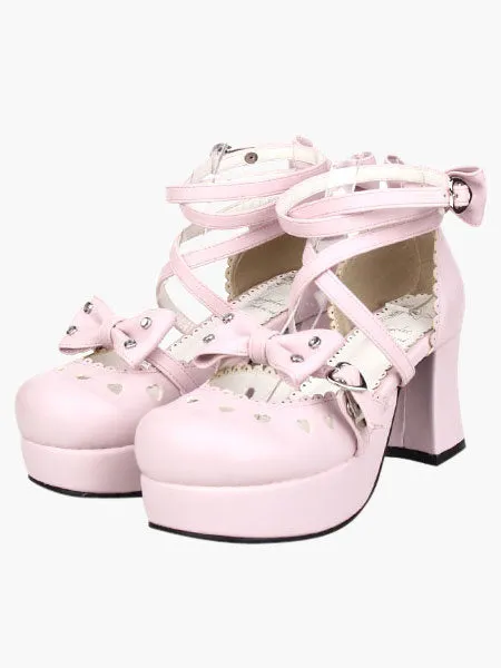 Sweet Chunky Heels Shoes Platform Ankle Straps Bows
