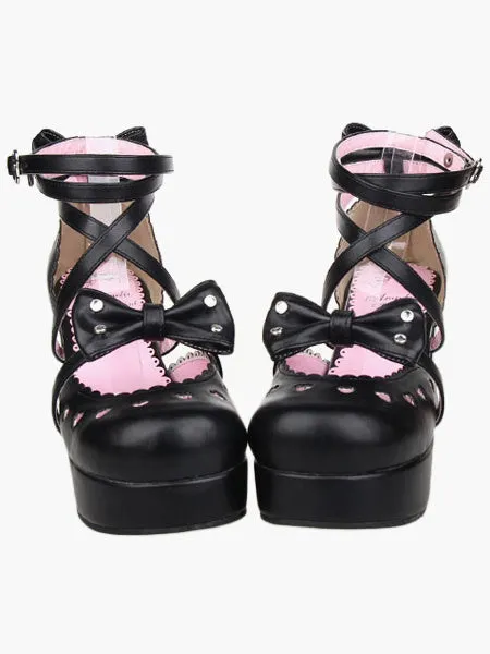 Sweet Chunky Heels Shoes Platform Ankle Straps Bows