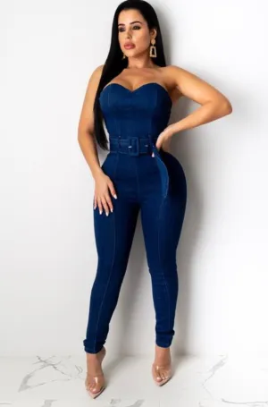 Sweetheart Strapless Denim Jumper with Wide Belt‼️
