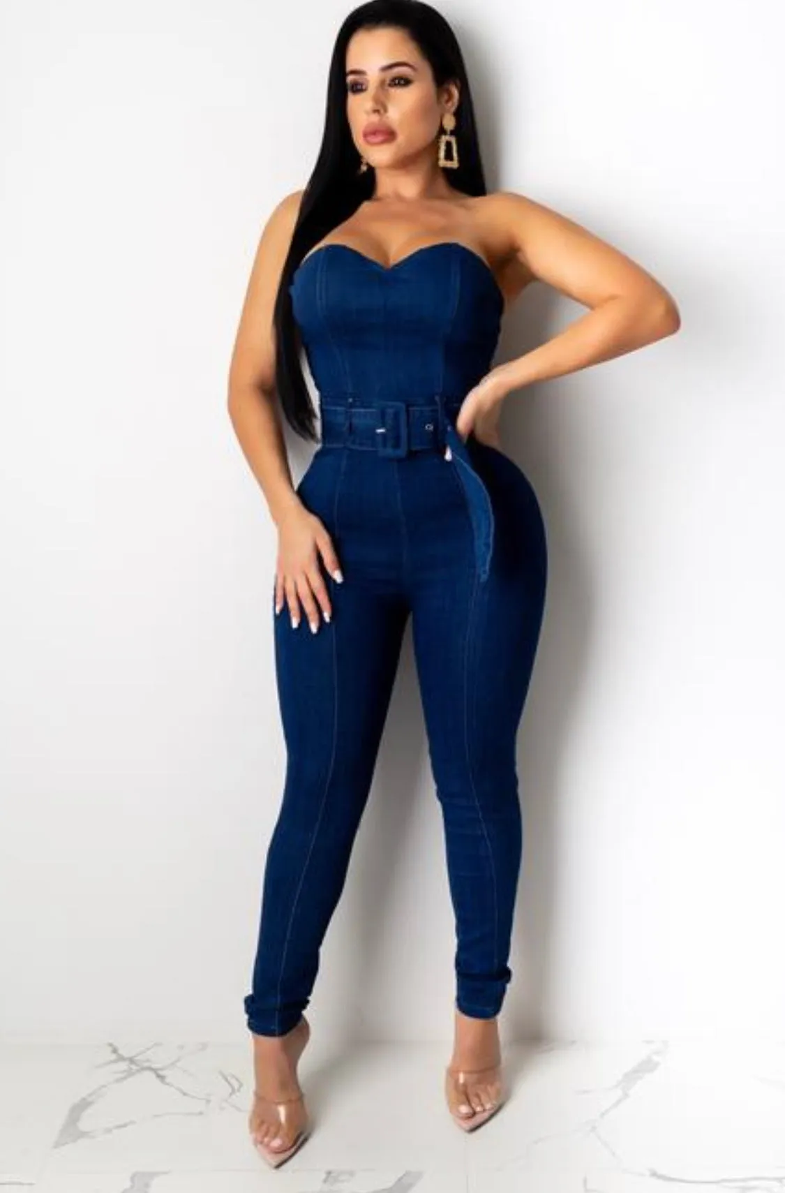 Sweetheart Strapless Denim Jumper with Wide Belt‼️