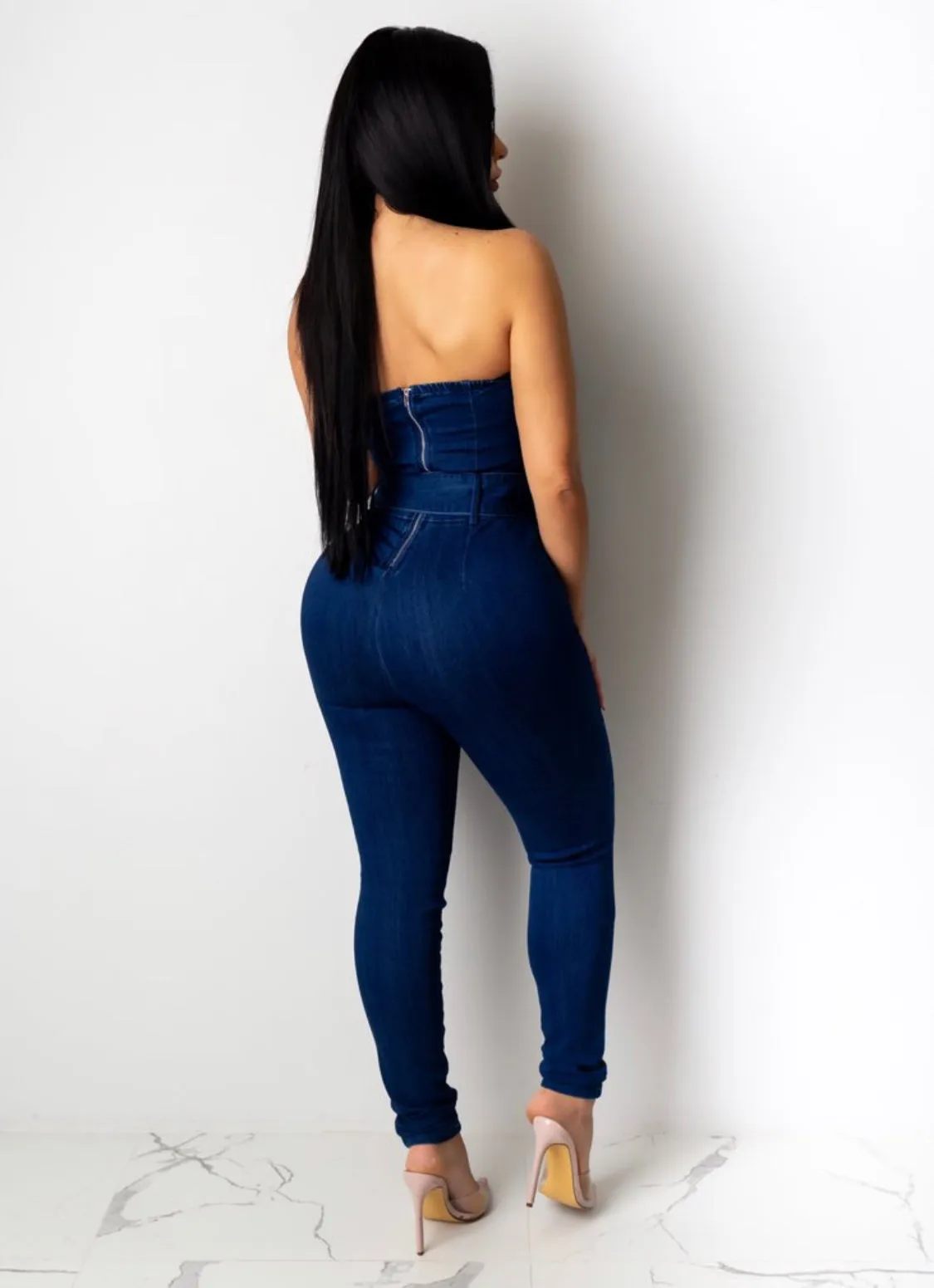 Sweetheart Strapless Denim Jumper with Wide Belt‼️