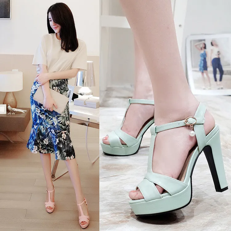 T Straps Pearl Platform Sandals High Heels Shoes Woman 4926