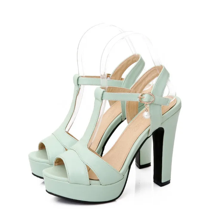 T Straps Pearl Platform Sandals High Heels Shoes Woman 4926