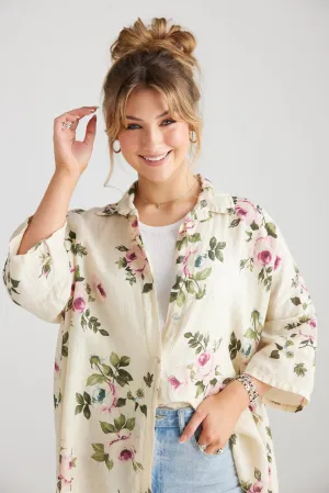Teddie Floral Linen Shirt. Vanilla Rose