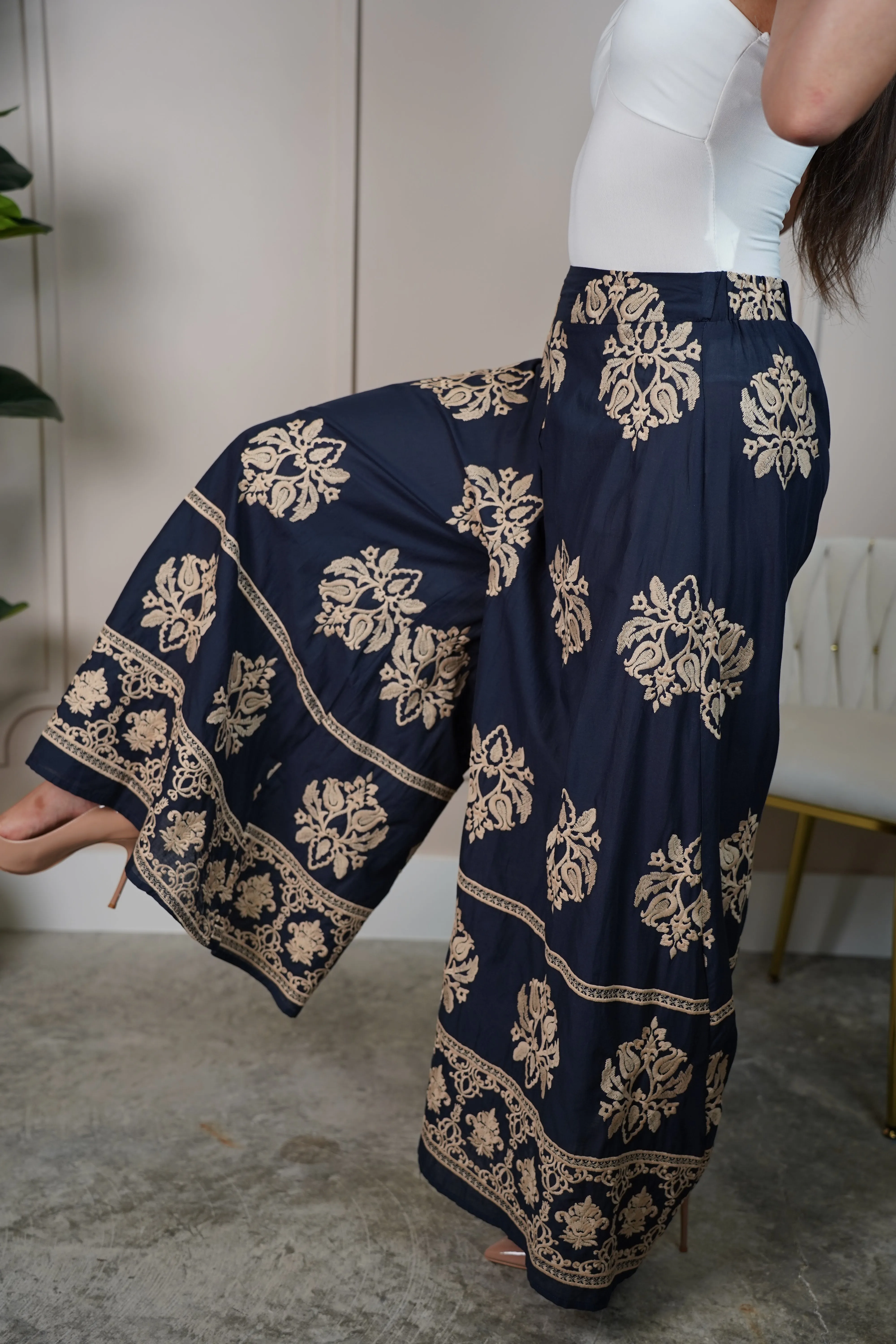 Tessi Embroidered Pants – Elegant Boho Wide-Leg Statement