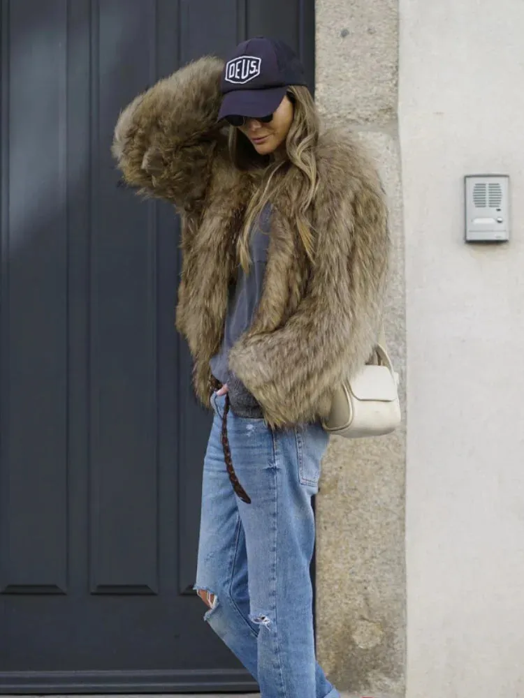 Thick Faux Fur Jacket V-Neck New Style Chic Warm Coat
