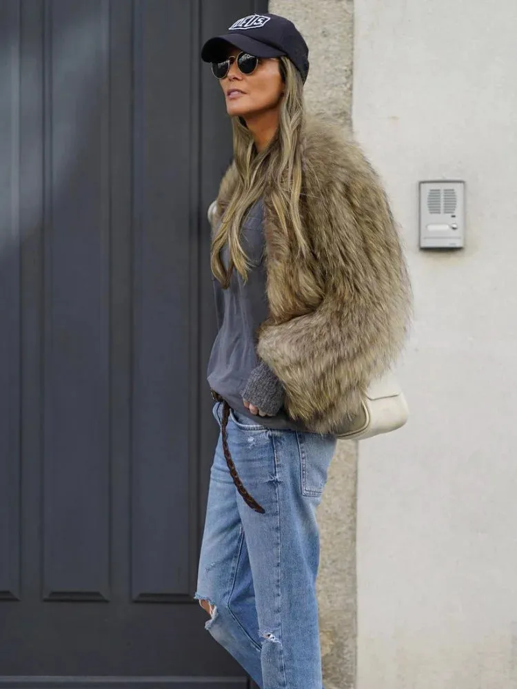 Thick Faux Fur Jacket V-Neck New Style Chic Warm Coat