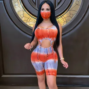 Tie Dye Print Hollow Out Bandage Romper With Face Mask