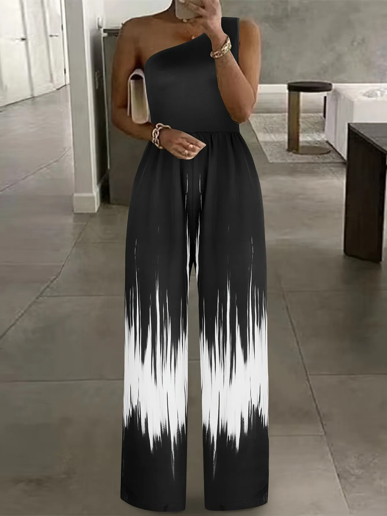 Tie-dye smudge gradient one-shouldered off-the-shoulder casual dating jumpsuit trousers women's fashion jumpsuit