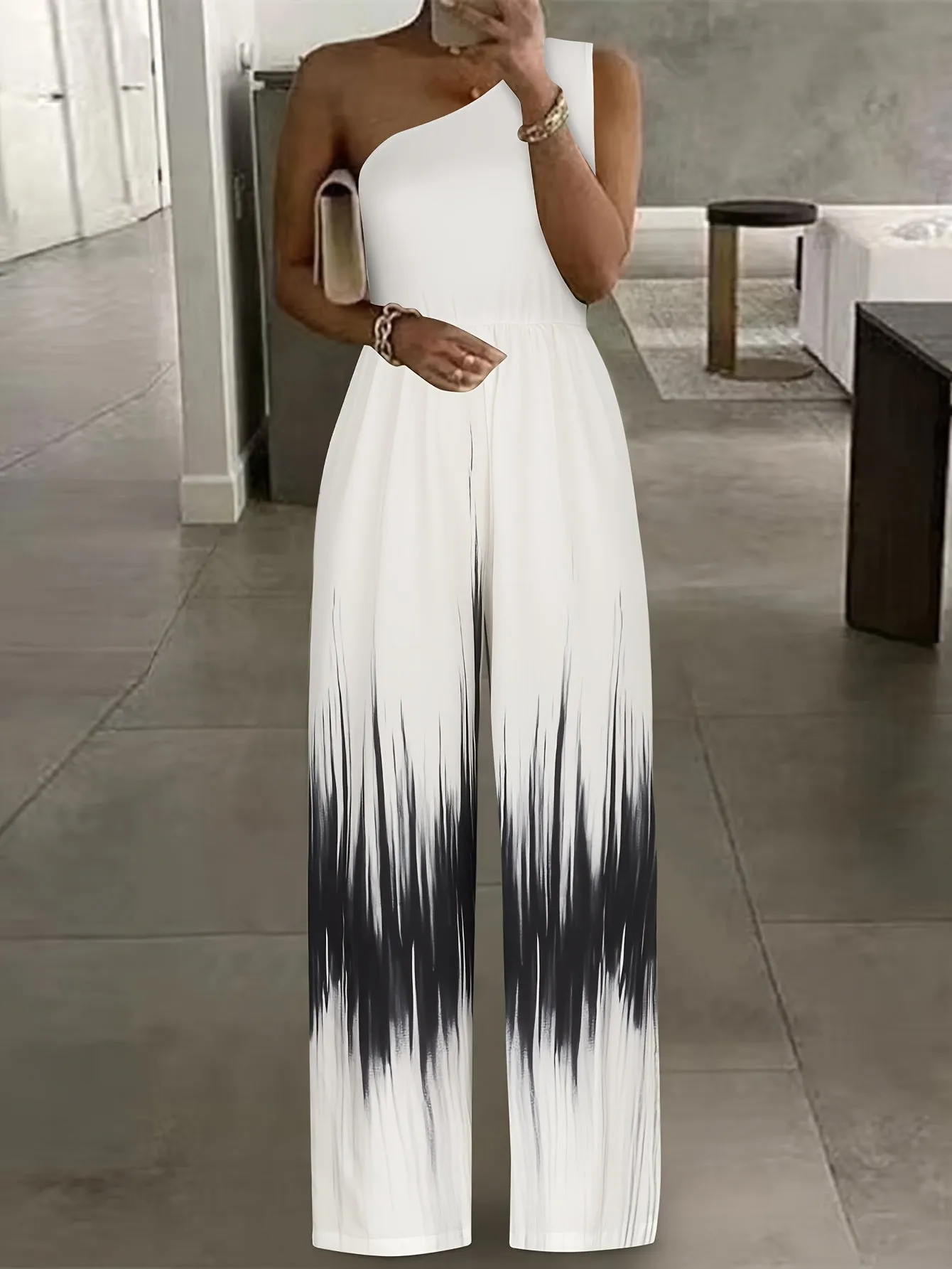 Tie-dye smudge gradient one-shouldered off-the-shoulder casual dating jumpsuit trousers women's fashion jumpsuit