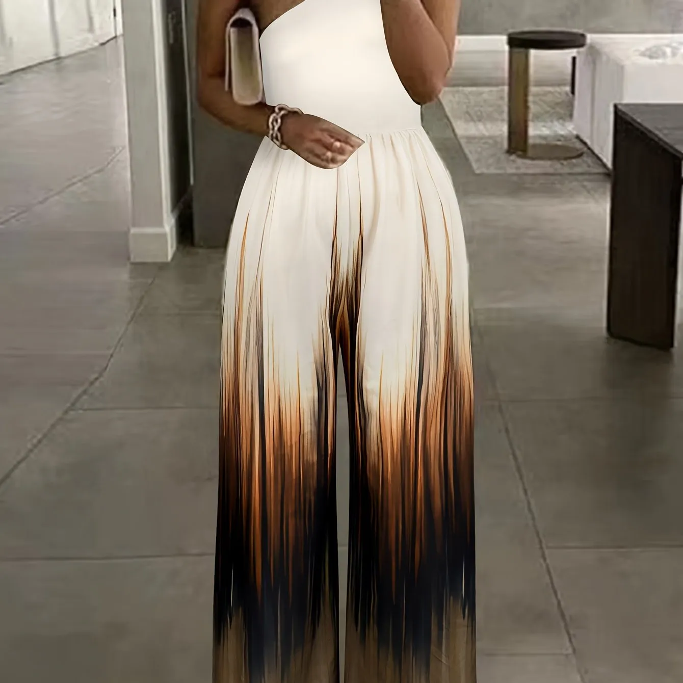 Tie-dye smudge gradient one-shouldered off-the-shoulder casual dating jumpsuit trousers women's fashion jumpsuit