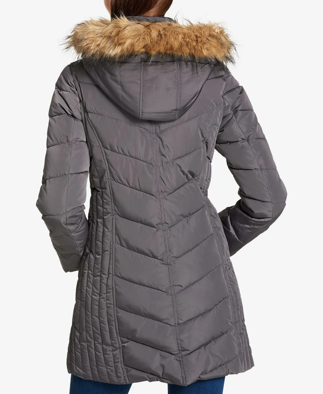 Tommy Hilfiger Women's Faux Fur Trim Hooded Chevron Puffer Coat Grey XS