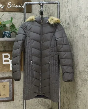 Tommy Hilfiger Women's Faux Fur Trim Hooded Chevron Puffer Coat Grey XS