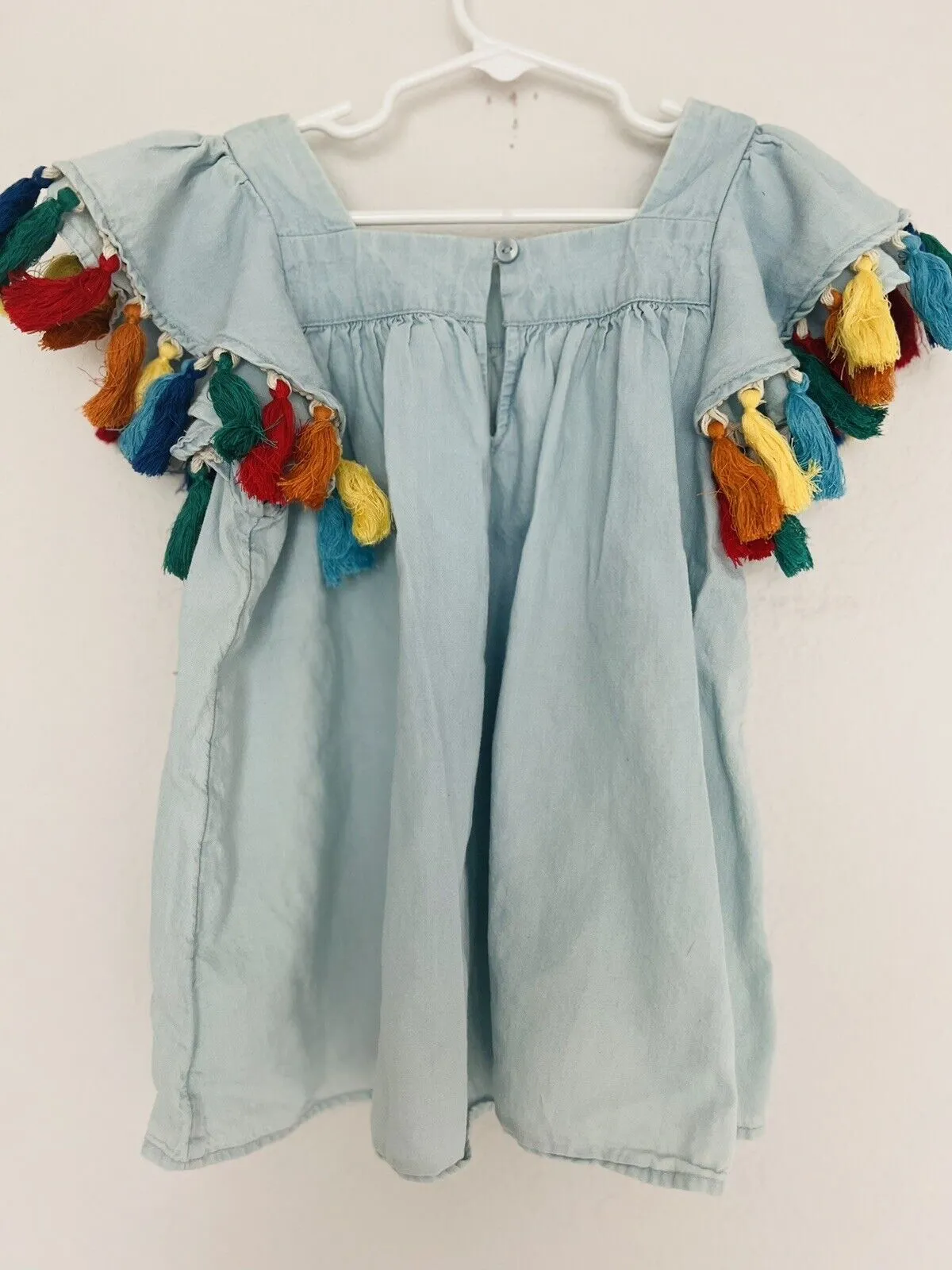 TUCKER   TATE Girls Blue Tassel Flutter Sleeve Top Sz 7 Multicolored Kids Boho