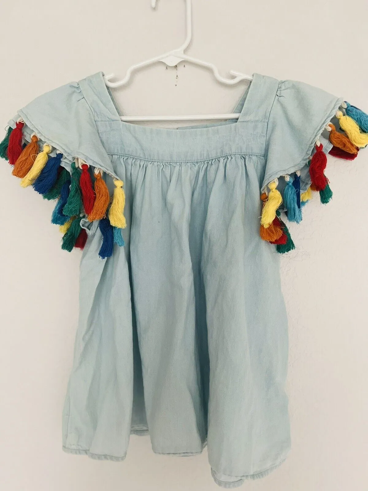 TUCKER   TATE Girls Blue Tassel Flutter Sleeve Top Sz 7 Multicolored Kids Boho