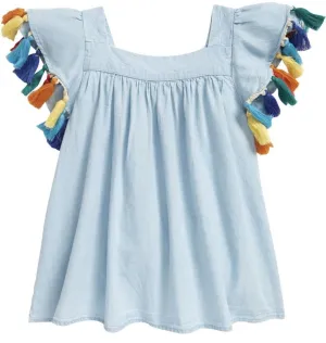 TUCKER   TATE Girls Blue Tassel Flutter Sleeve Top Sz 7 Multicolored Kids Boho
