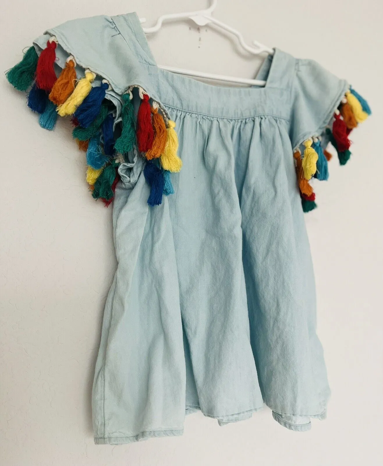 TUCKER   TATE Girls Blue Tassel Flutter Sleeve Top Sz 7 Multicolored Kids Boho