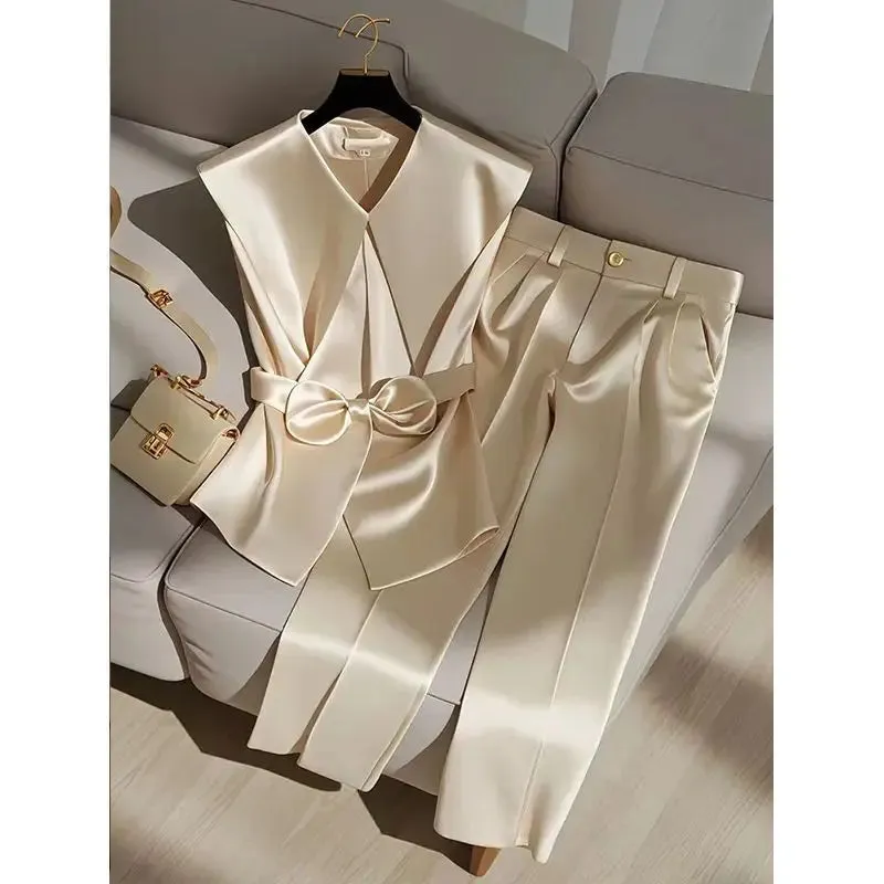 Two Piece Set - Peter Pan Collar Bow Sleeveless Vest   High Waist Wide Leg Pants