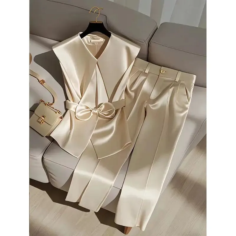 Two Piece Set - Peter Pan Collar Bow Sleeveless Vest   High Waist Wide Leg Pants