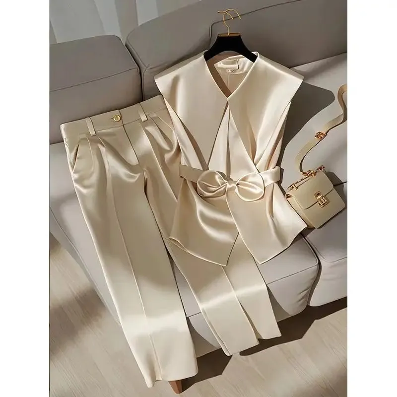 Two Piece Set - Peter Pan Collar Bow Sleeveless Vest   High Waist Wide Leg Pants
