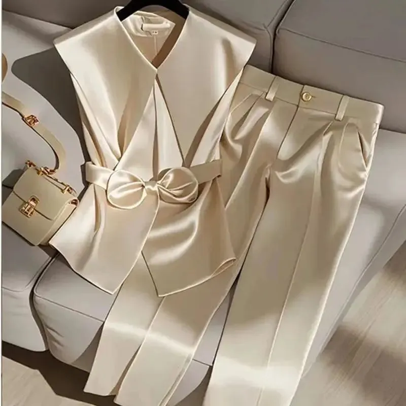 Two Piece Set - Peter Pan Collar Bow Sleeveless Vest   High Waist Wide Leg Pants