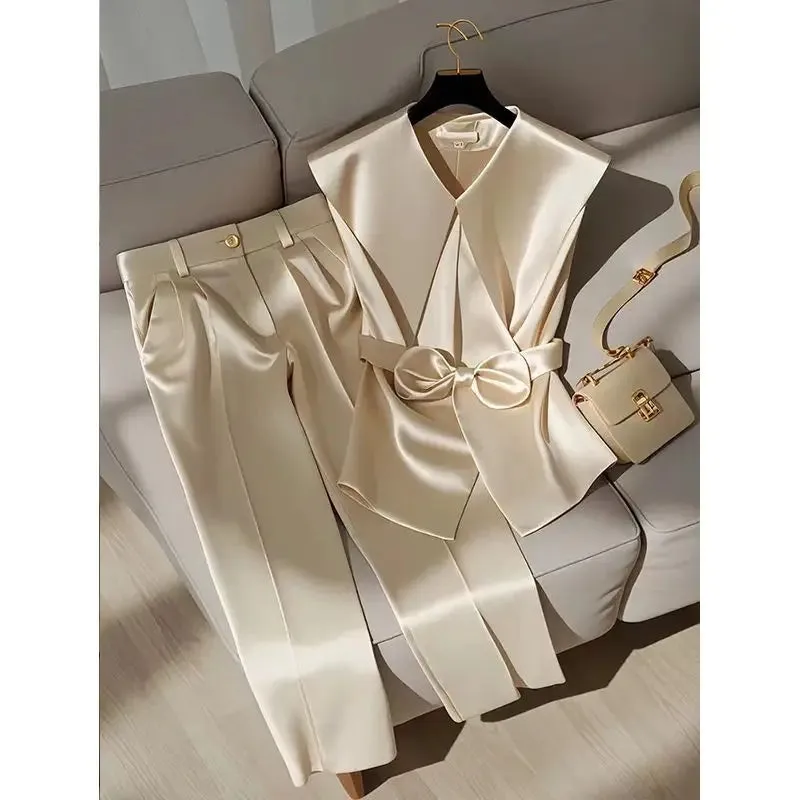 Two Piece Set - Peter Pan Collar Bow Sleeveless Vest   High Waist Wide Leg Pants