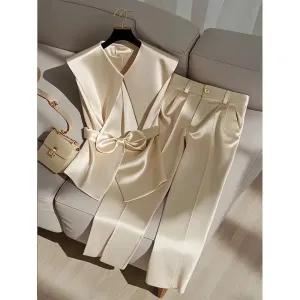 Two Piece Set - Peter Pan Collar Bow Sleeveless Vest   High Waist Wide Leg Pants
