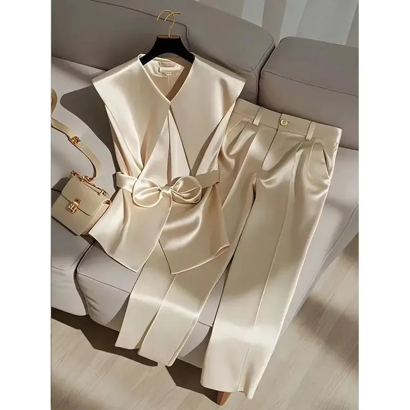 Two Piece Set - Peter Pan Collar Bow Sleeveless Vest   High Waist Wide Leg Pants