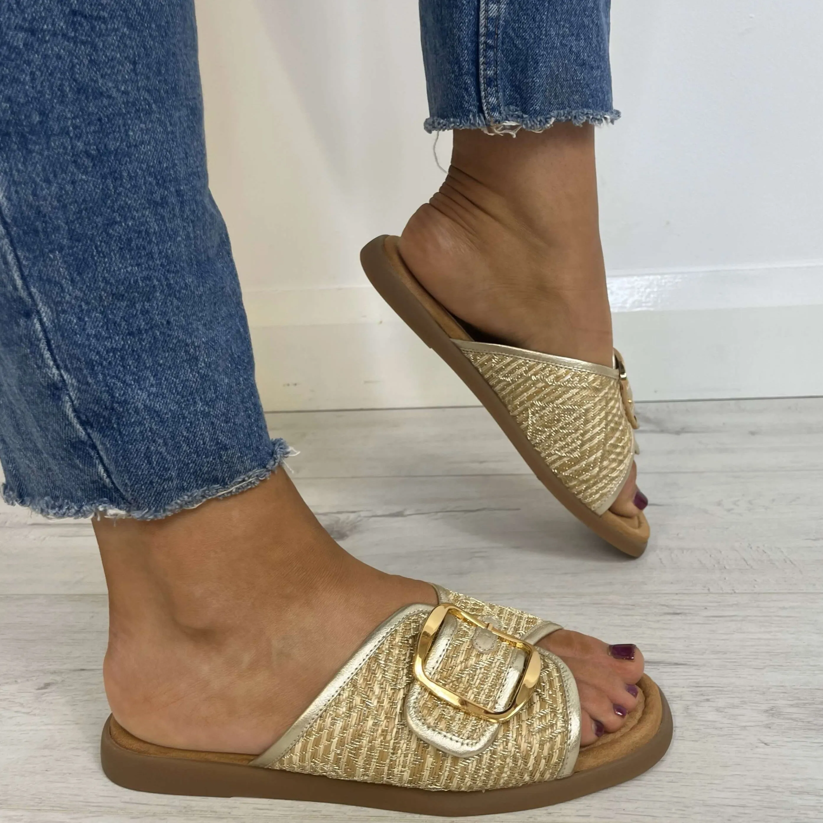 Unisa Cray Gold Buckle Square Toe Flat Sandals