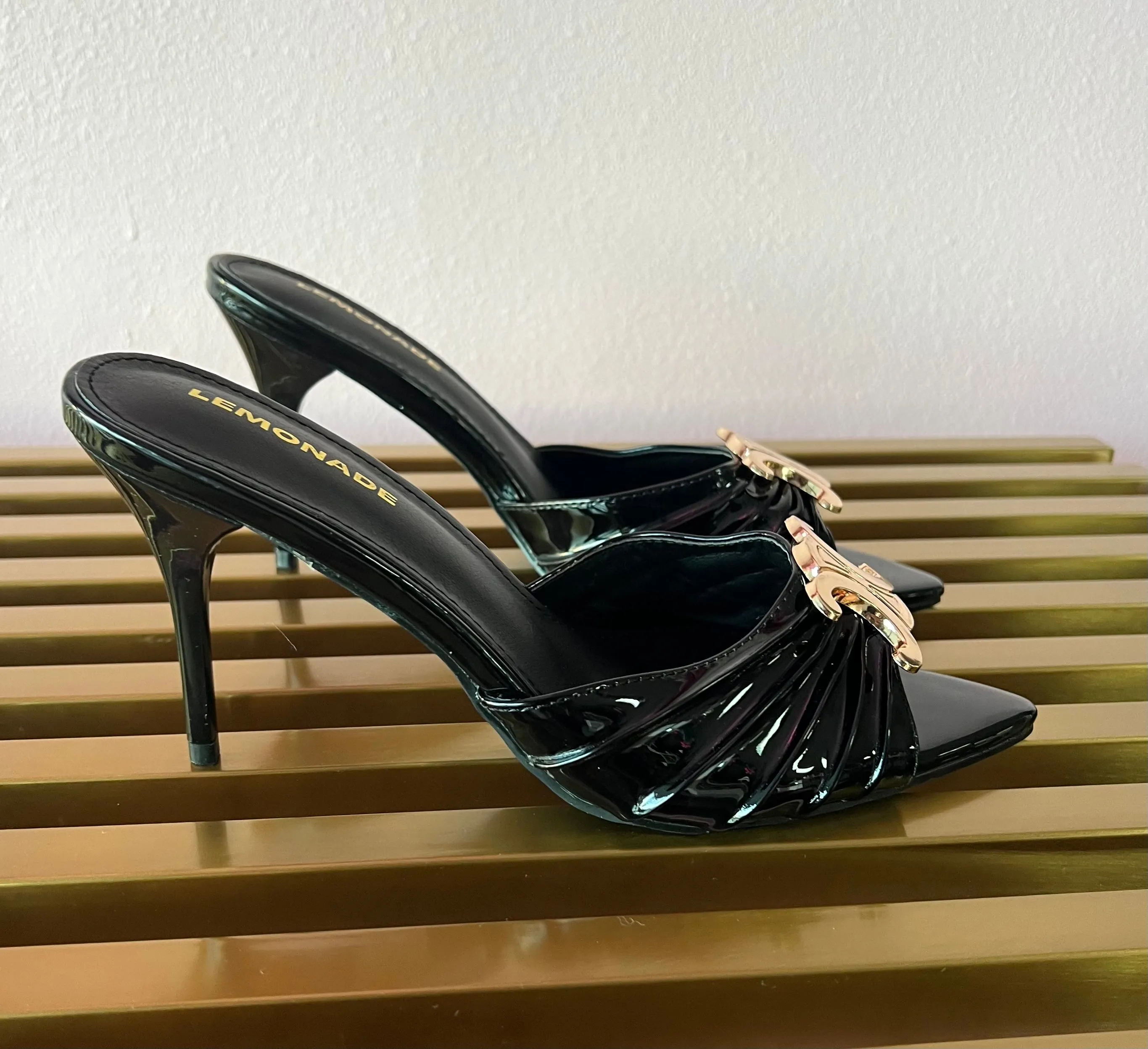 UPGRADE CLASS Black Mule Heel Open Toe Black Faux Leather