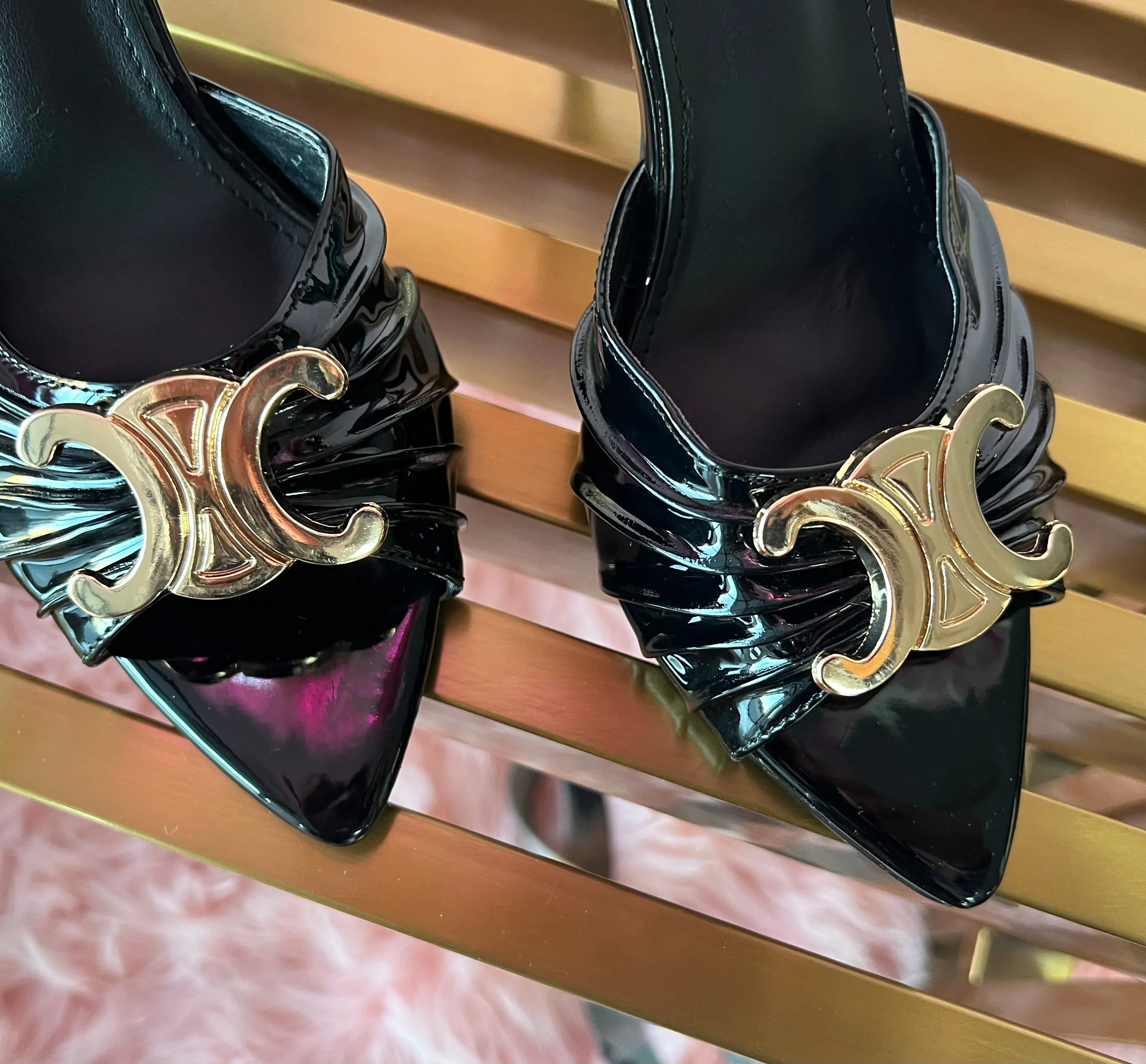 UPGRADE CLASS Black Mule Heel Open Toe Black Faux Leather