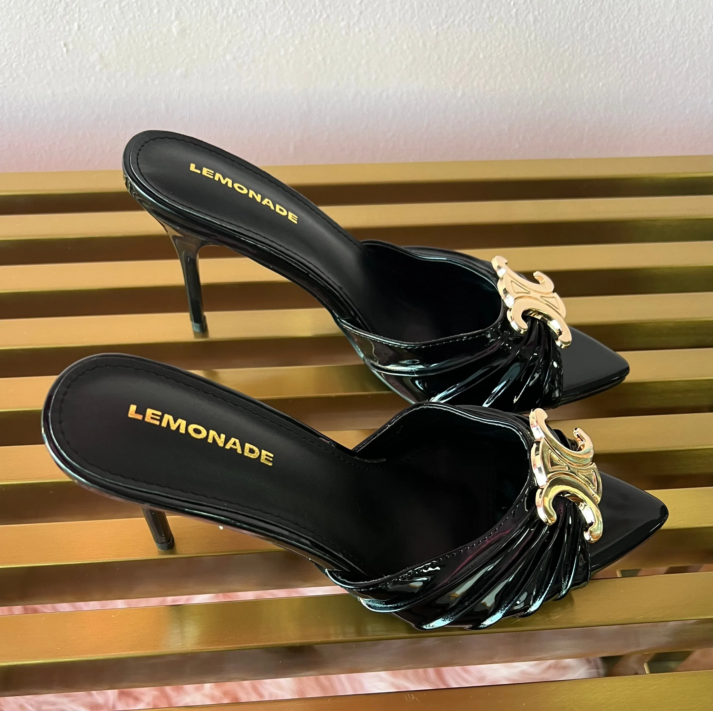 UPGRADE CLASS Black Mule Heel Open Toe Black Faux Leather